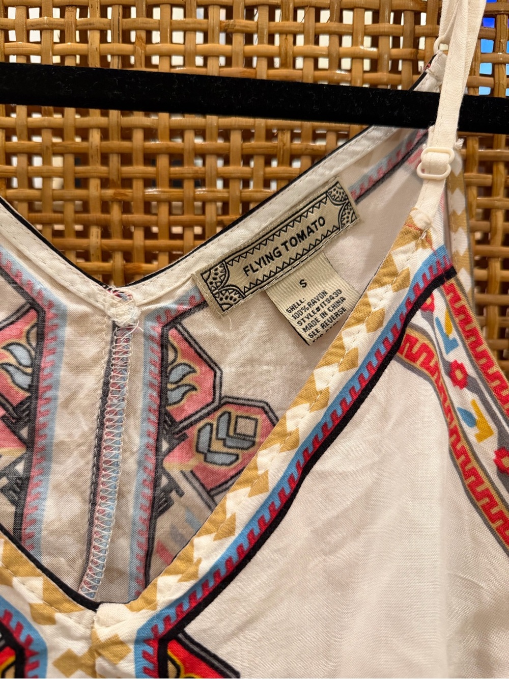 White Embroidered Boho V-Neck Tunic with Colorful Tribal Print - Picture 3 of 3